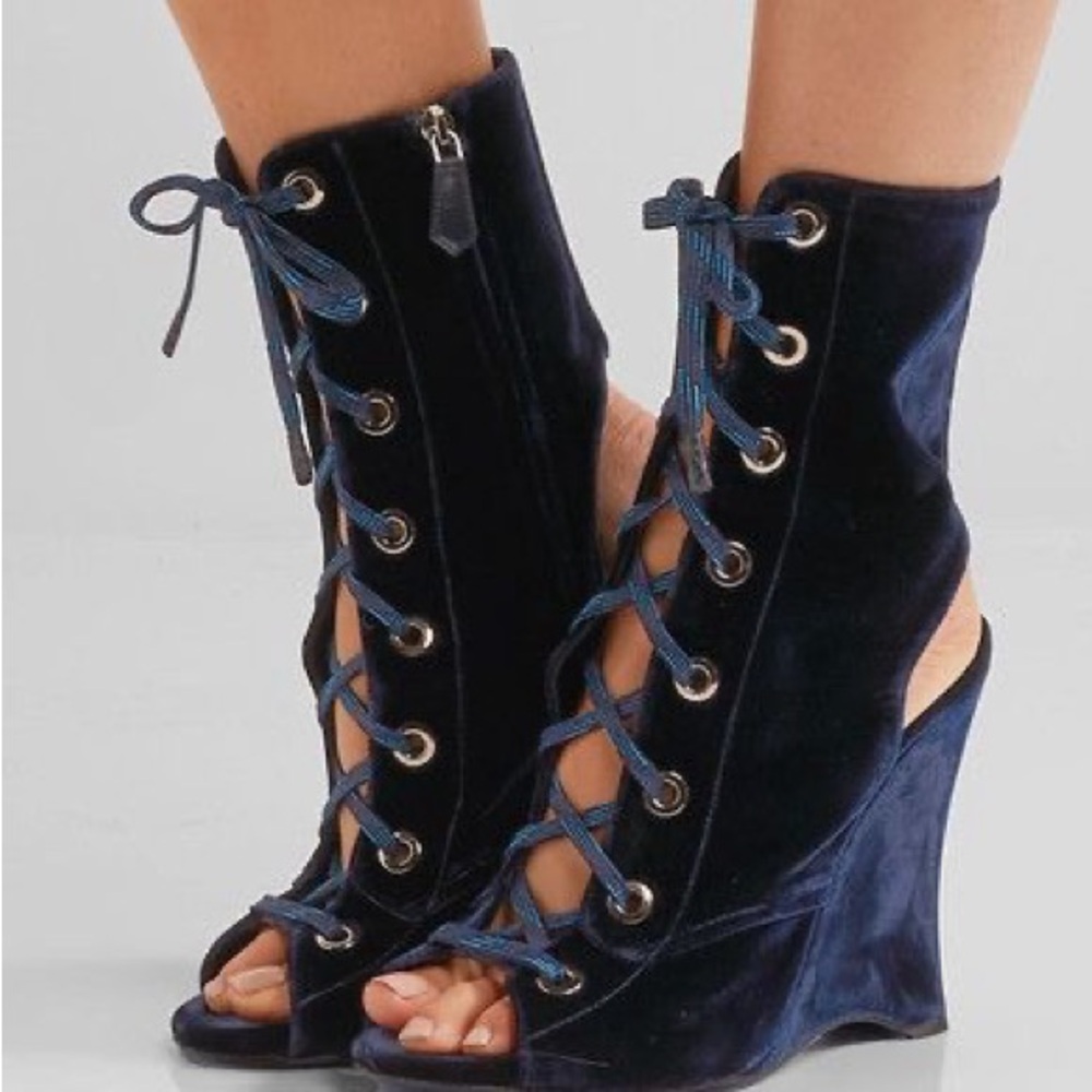 Prada Navy Blue Velvet Lace-Up Wedge Boots